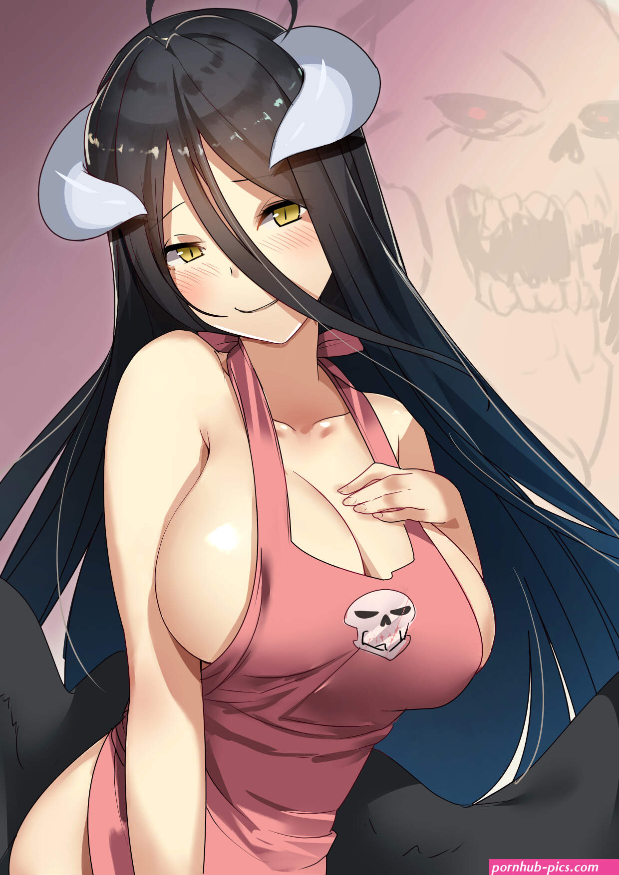 Wallpaper : Albedo OverLord, horns, naked apron, Overlord anime, wings, simple background, boobs 1240x1754