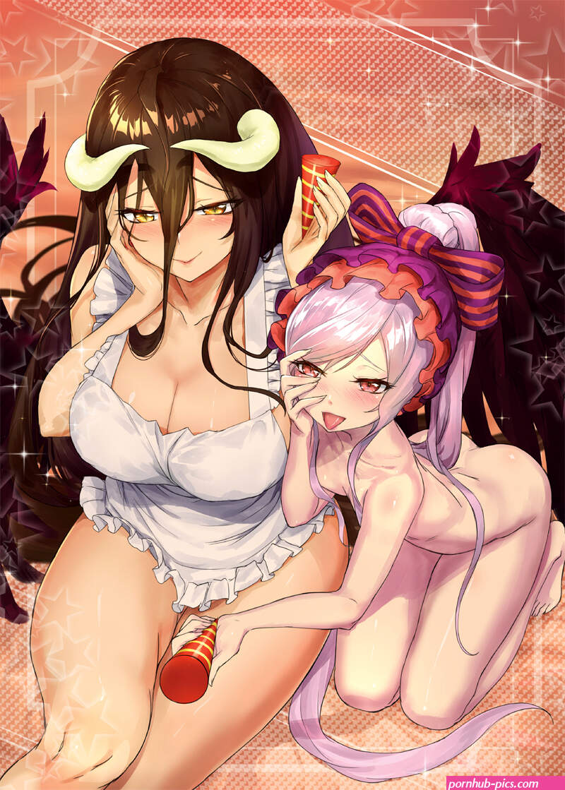 aokihoshi, ichigeki-kun, albedo (overlord), shalltear bloodfallen, overlord (maruyama), silver hair, 2girls, apron, black hair, black wings, bow, breasts, cleavage, collarbone, demon girl, demon horns, demon wings, dress, feathered wings, feathers ...