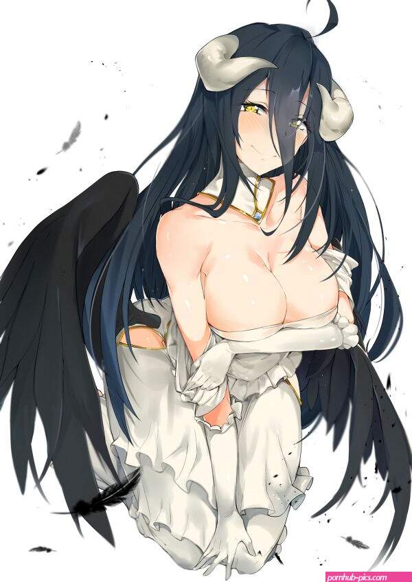 Wallpaper : Albedo OverLord, horns, naked apron, Overlord anime, wings, simple background, boobs 1240x1754