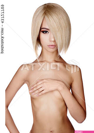 Nude elegant asian woman with blonde short hair
