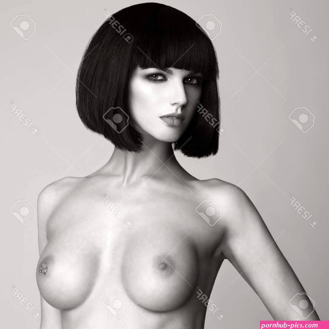 Black And White Fashion Photo Of Nude Elegant Woman With Short Haircut. Brunette Bob Hairstyle. Health And Beauty Stock Photo, Picture And Royalty Free Image. Image 91228831.