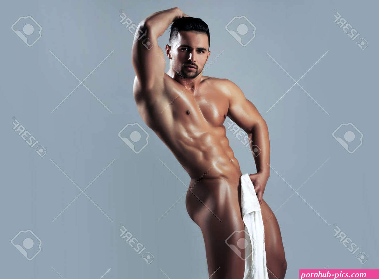Handsome Naked Muscular Sexy With Towel. Sexy Man Holds White Sheet On Grey Background. Nude Man Or Gay With Muscle Torso, Naked Male Body. Stock Photo, Picture and Royalty Free Image. Image