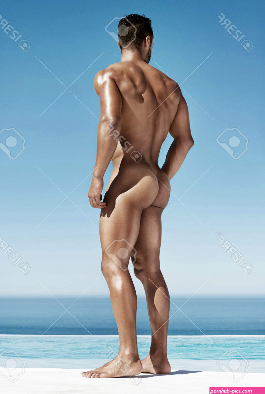 Man Naked Butt And Muscle By Swimming Pool For Sunshine Relax Or Vacation By Ocean. Bodybuilder Model And Glow On Skin In Summer With Strong Body Beauty Or Ass On Tropical Sea
