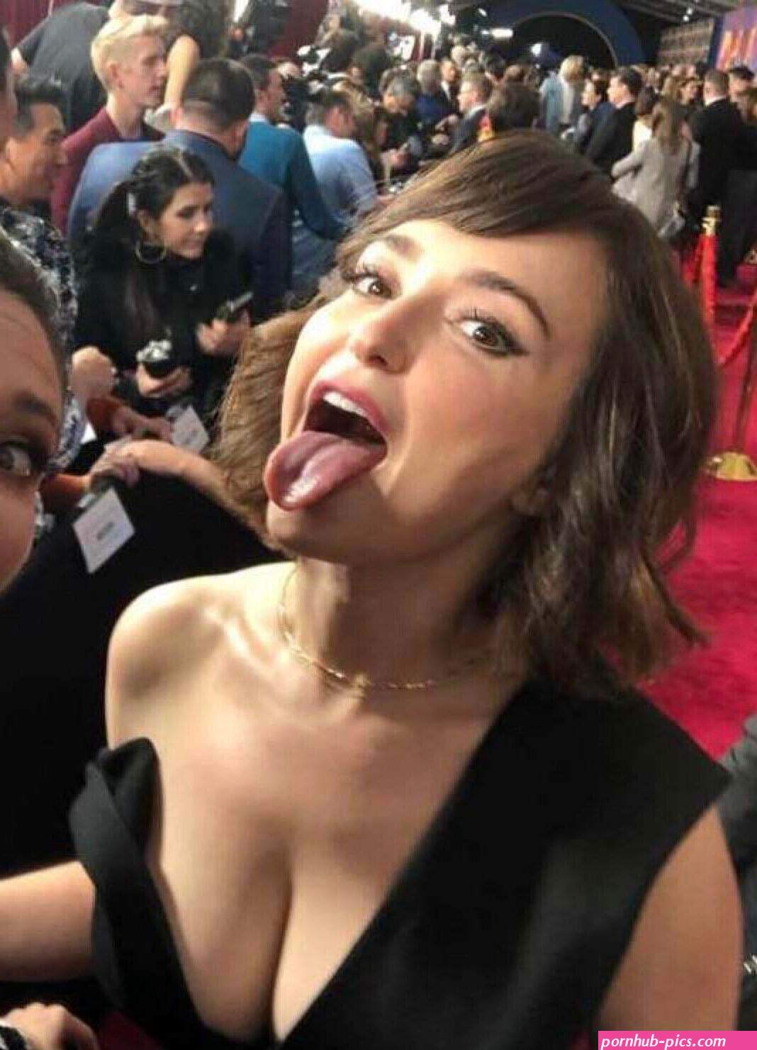 Milana Vayntrub turns me on showing her cleavage and sticking her tongue out