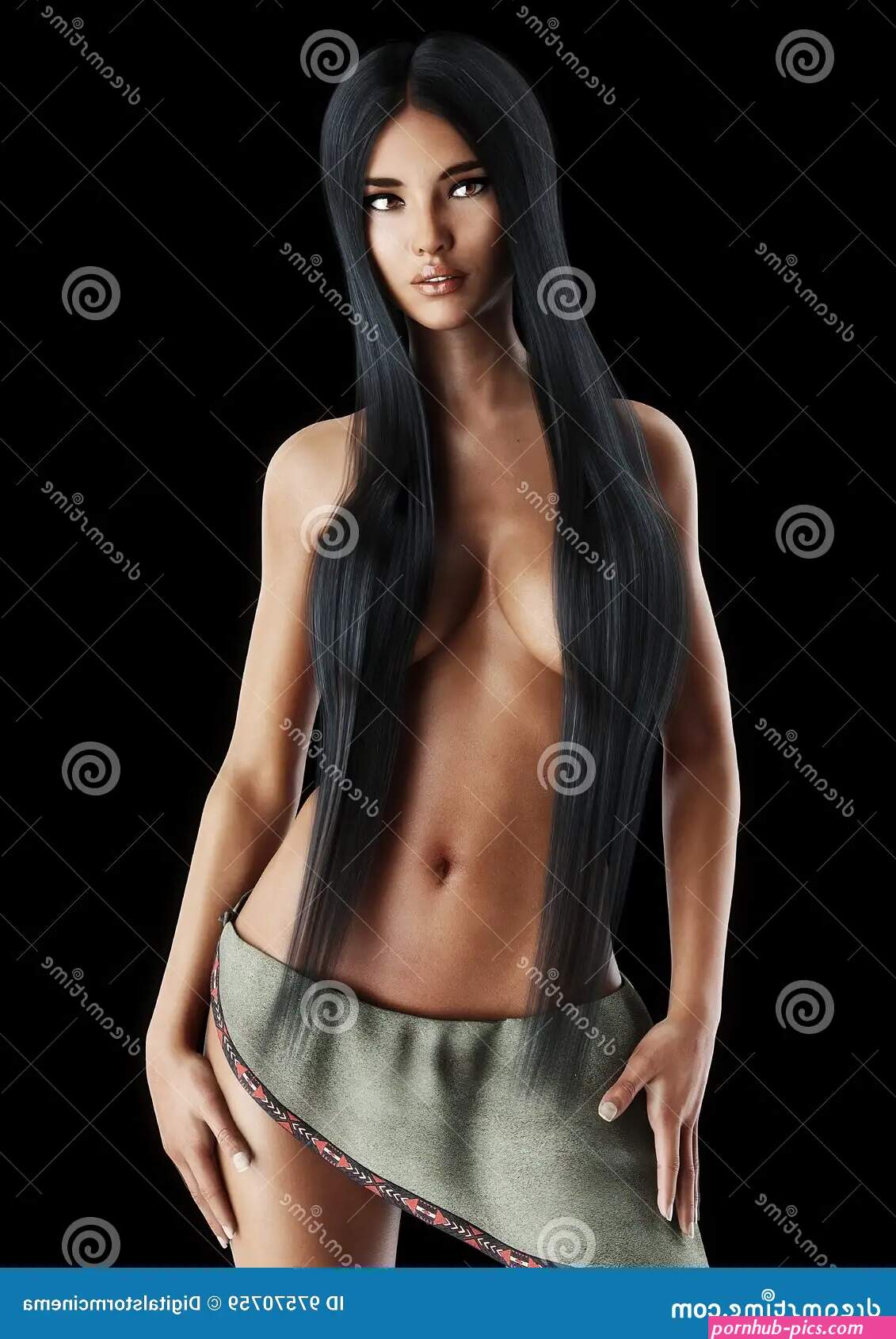 Native American Female Posing Semi Nude Topless with a Black Background. Stock Illustration