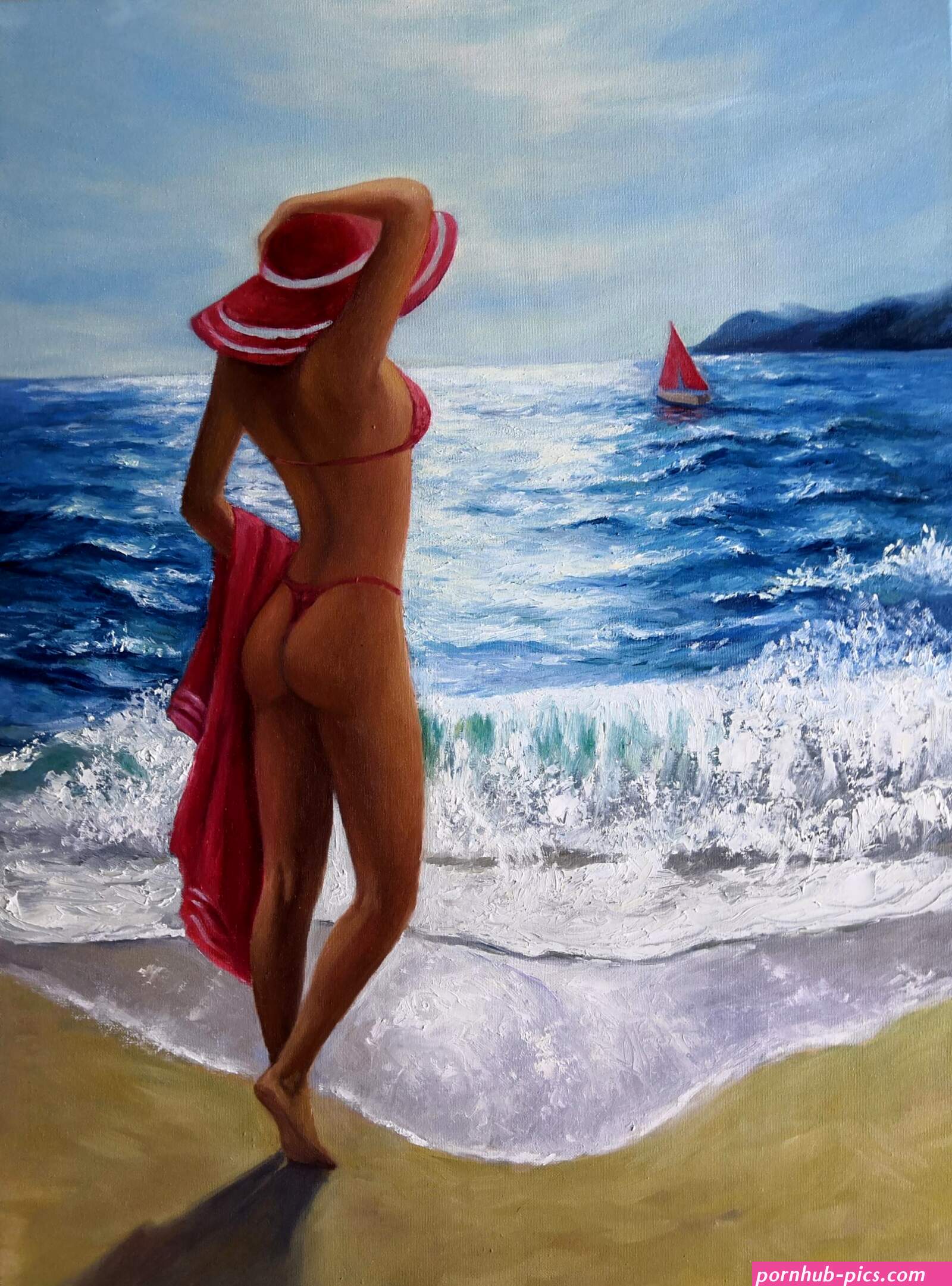 Nude girl in red hat and swimsuit