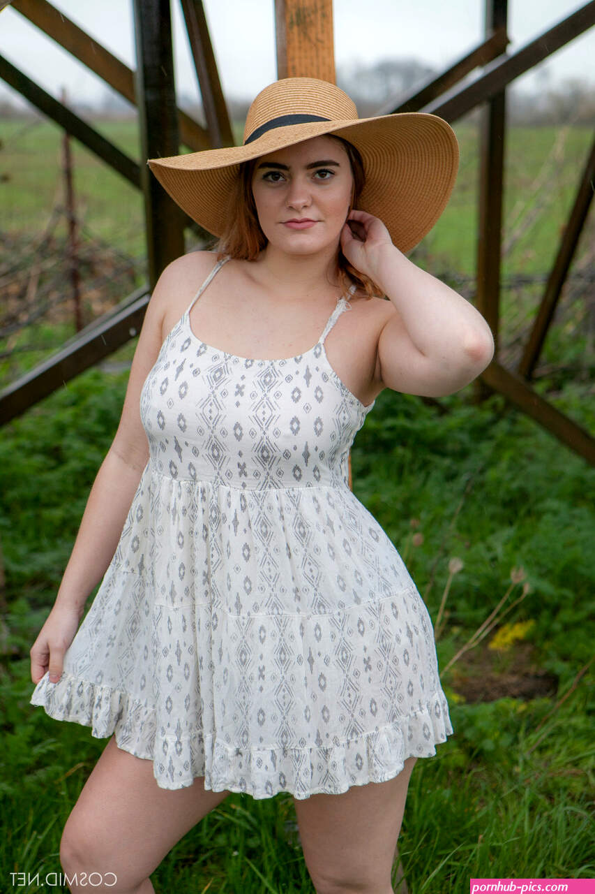 Country girl lifts her dress for naked upskirt showing bald twat and ass
