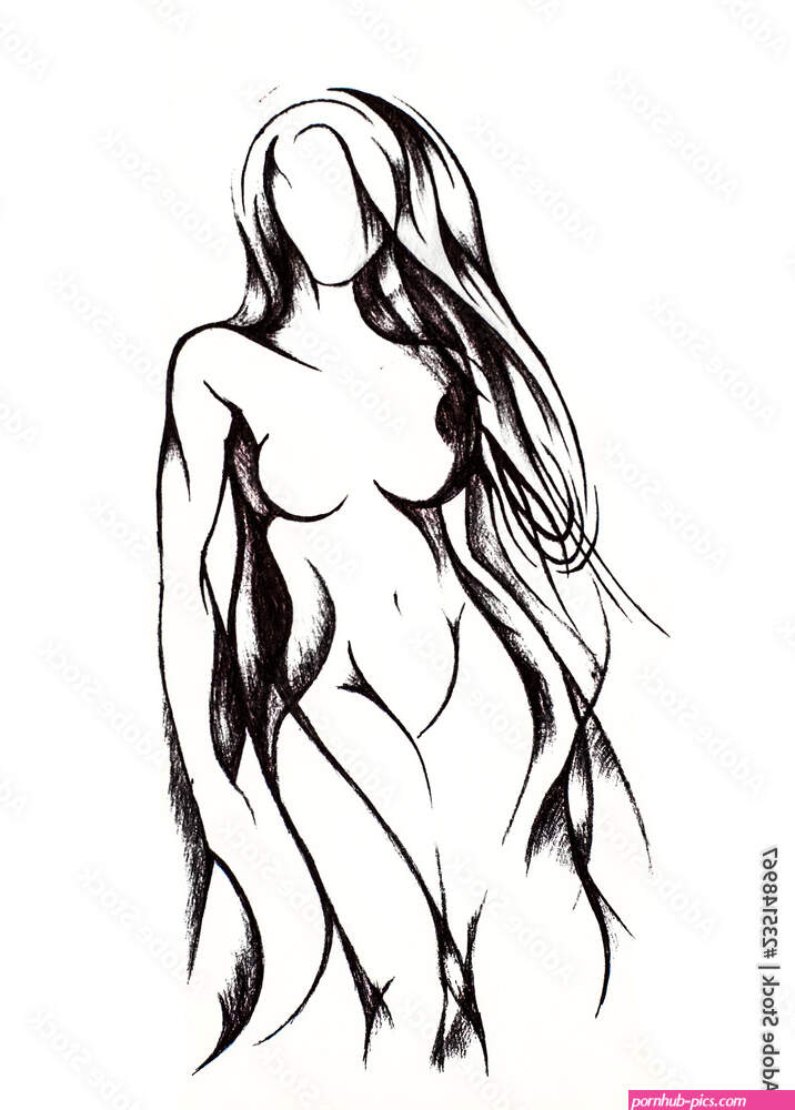 Silhouette of a beautiful naked girl with long hair wide hips and beautiful tits. Drawing with black pencil on white paper. Stock Illustration