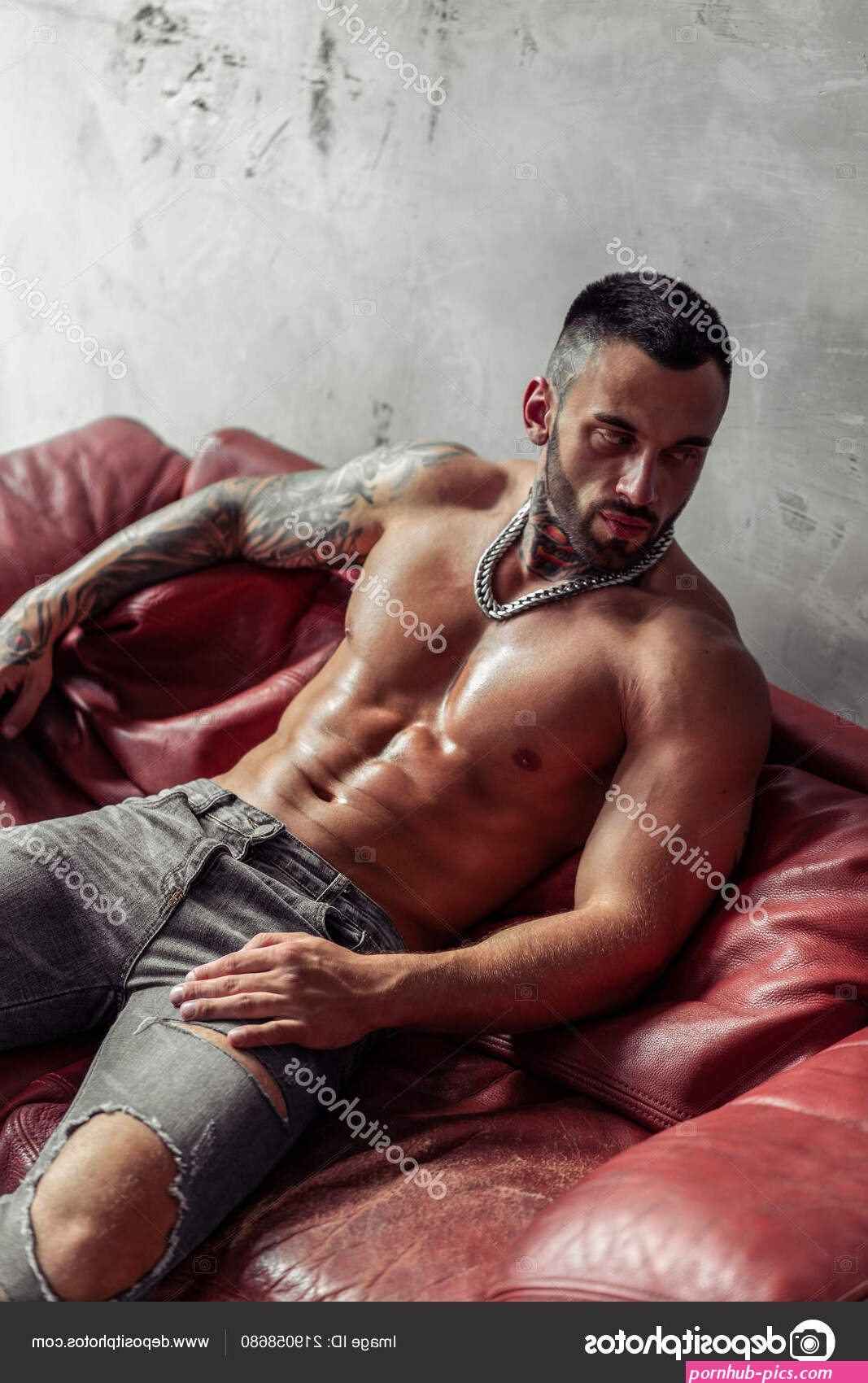 Fashion Portrait Sexy Naked Male Model Tattoo Black Beard Sitting Stock Photo by littlekzaka 219058680