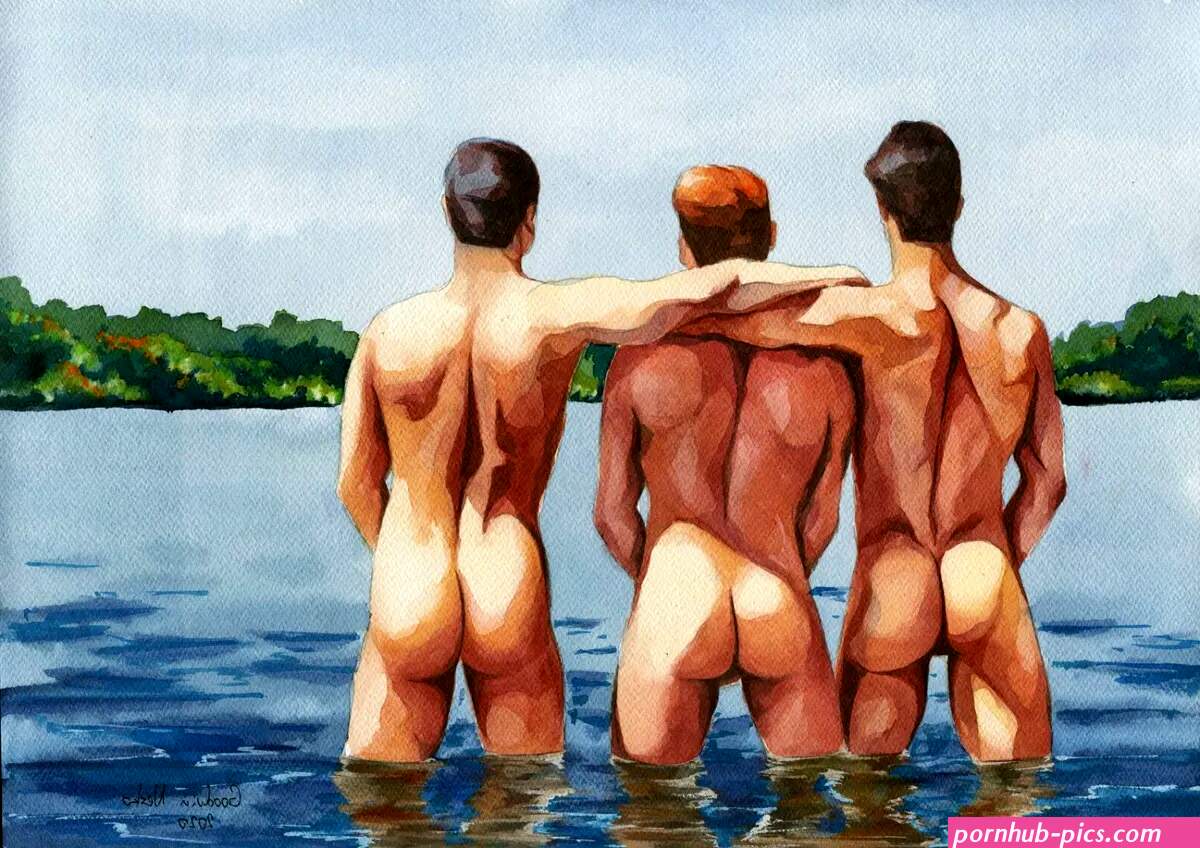 PRINT Original Artwork Watercolor Painting Gay Male Nude Friends at the beach