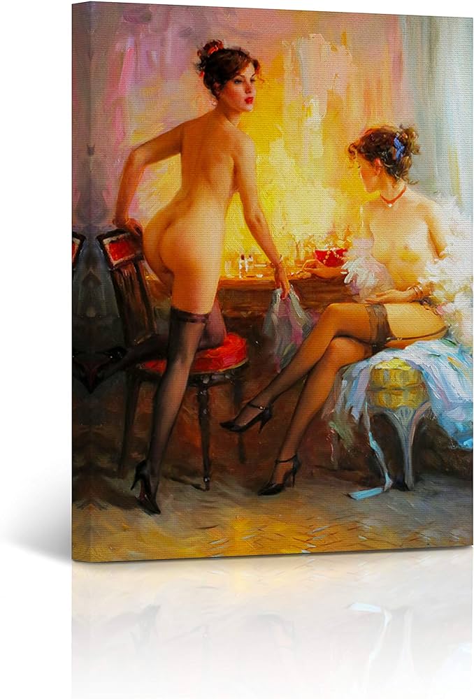 : Canvas Print Nude Art Sexy Women Vintage Getting Pretty Black Garter Nude Painting Naked Women Bedroom Decor Wall Art Home Decor Stretched and Framed