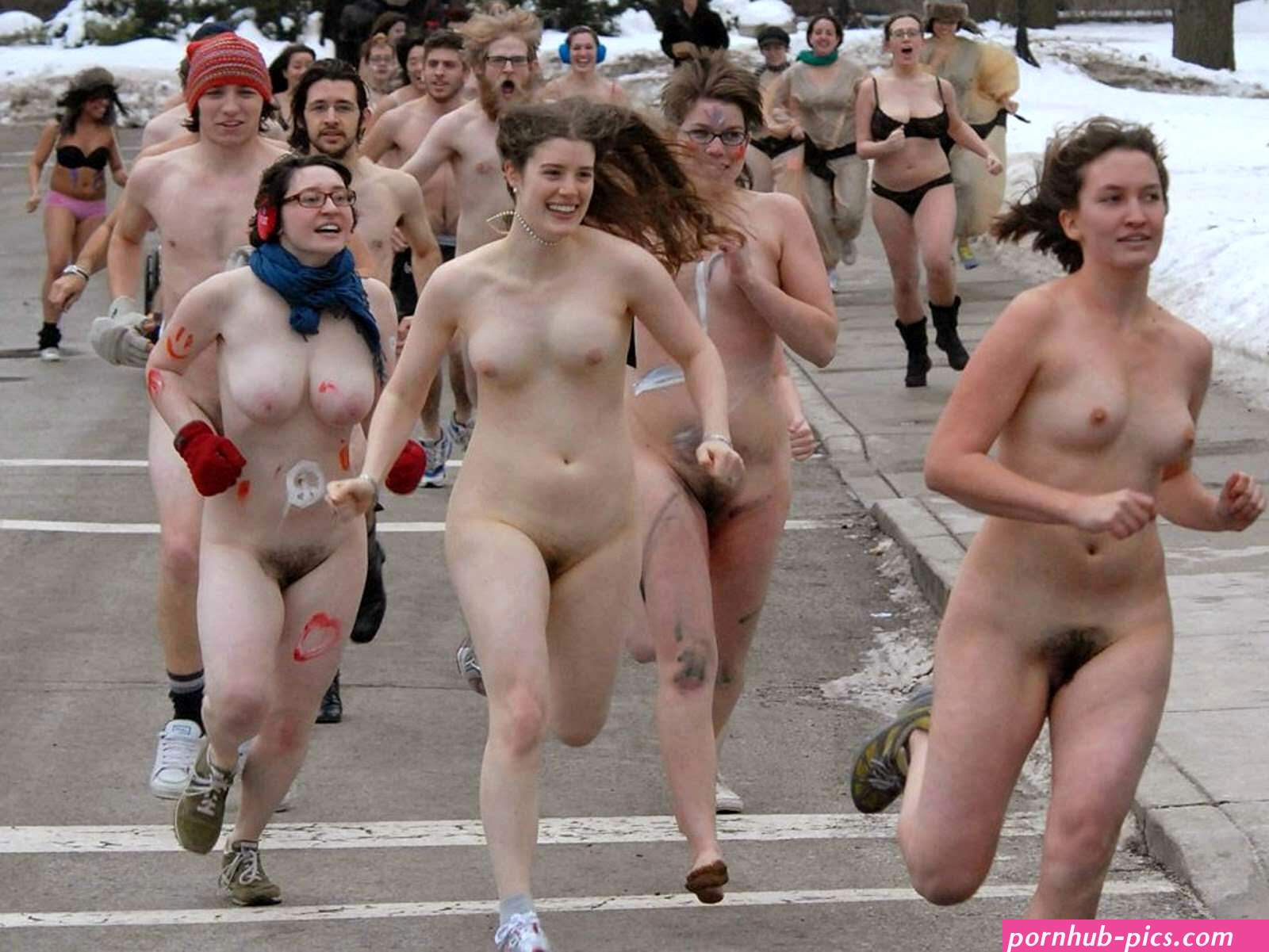 Four girls with pubes in their college naked run