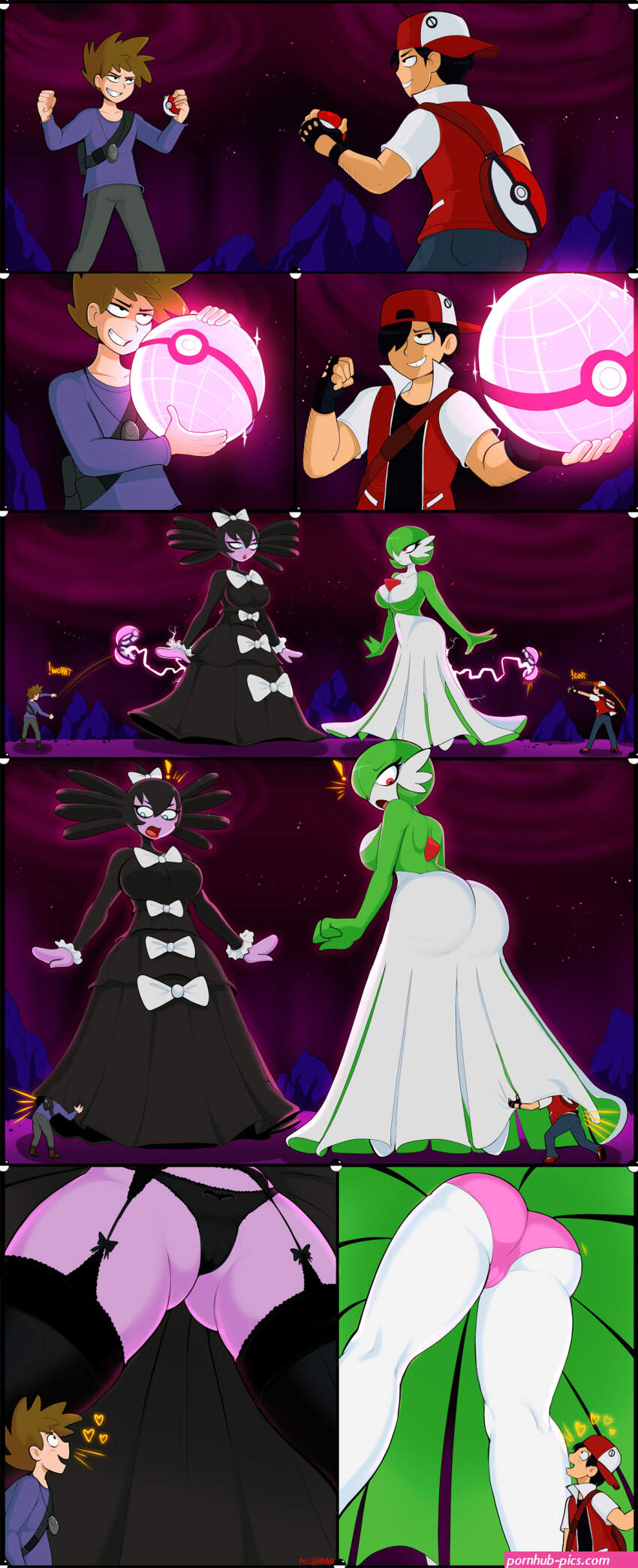 shadman blue oak gardevoir gothitelle red pokemon creatures company game freak nintendo pokemon pokemon rgby looking away absurdres highres ! 2boys 2girls ass bare legs bat symbol black dress black hair black