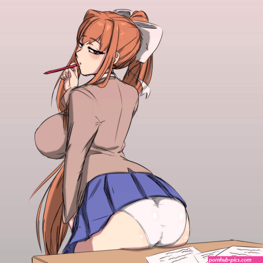 kaxiota monika doki doki literature club doki doki literature club 1girl ass beckoning blush bow breasts brown hair desk hair bow large breasts long hair looking at viewer looking back miniskirt panties