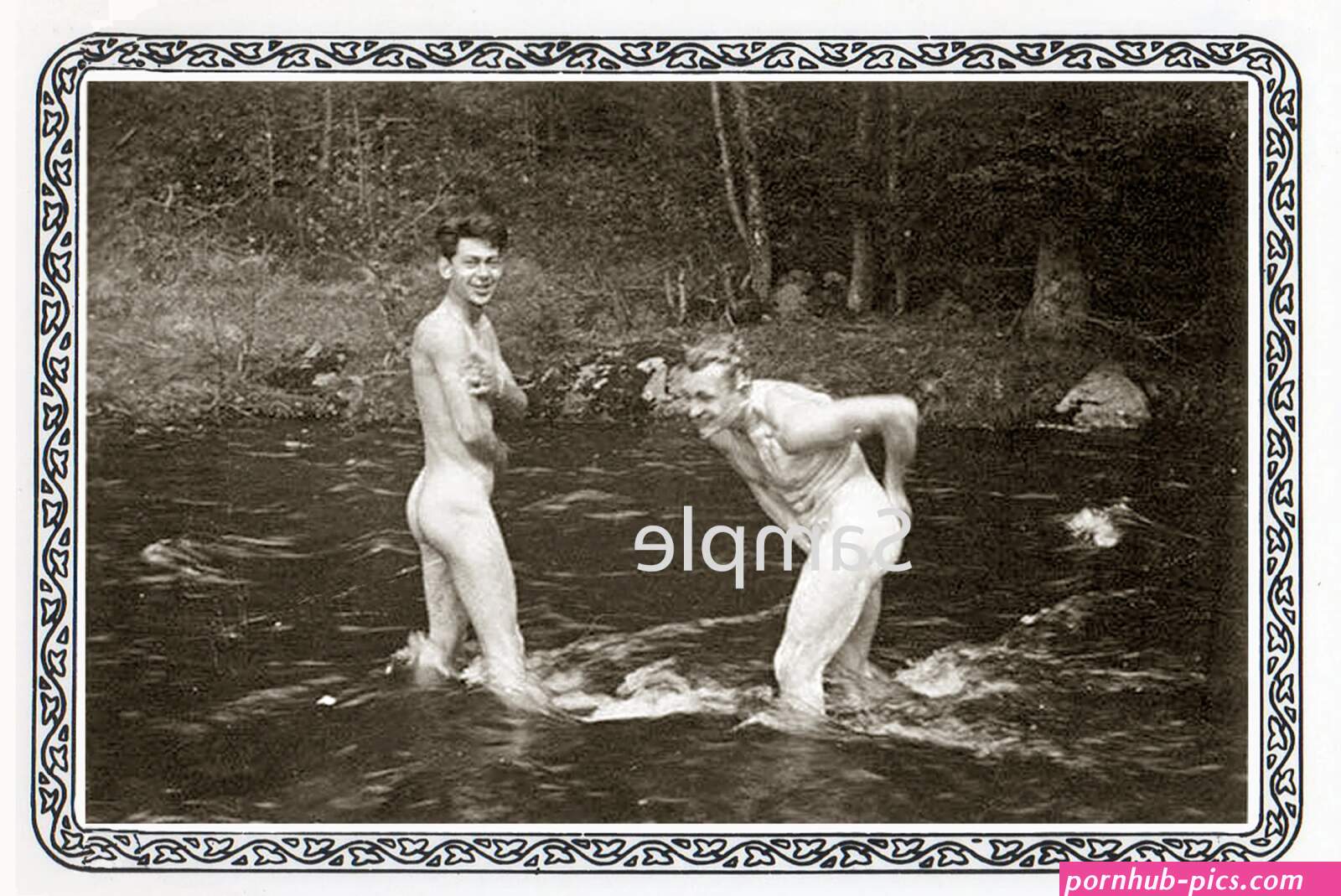 1930s Photo Reprint Nude Young Men Swim Play in Mountain Stream 42