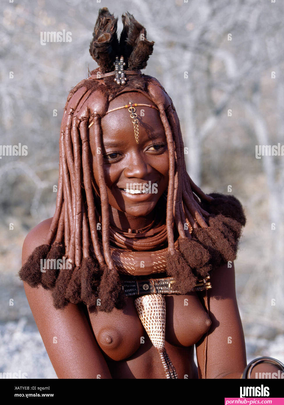 Namibia Kaokoland Empembe. A young Himba woman in traditional attire. Her body gleams from a mixture of red ochre butterfat Stock Photo