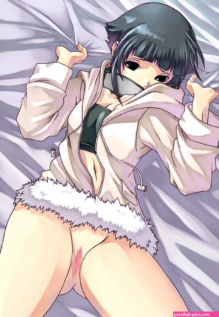 tasaka shinnosuke hyuuga hinata naruto naruto series 1girl bed sheet black eyes black hair bottomless breasts censored cleavage forehead protector from above loli lying navel no panties on back pussy sheet grab