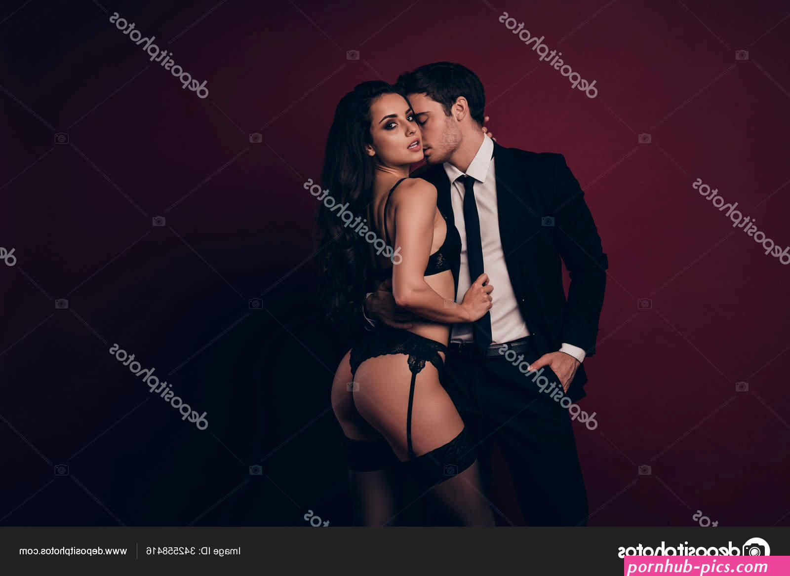 Profile photo of tender tease couple two people husband holding nude hot figure black underwear wife undress his suit kissing tempting smell neck isolated maroon color background Stock Photo by deagreez1 342558416