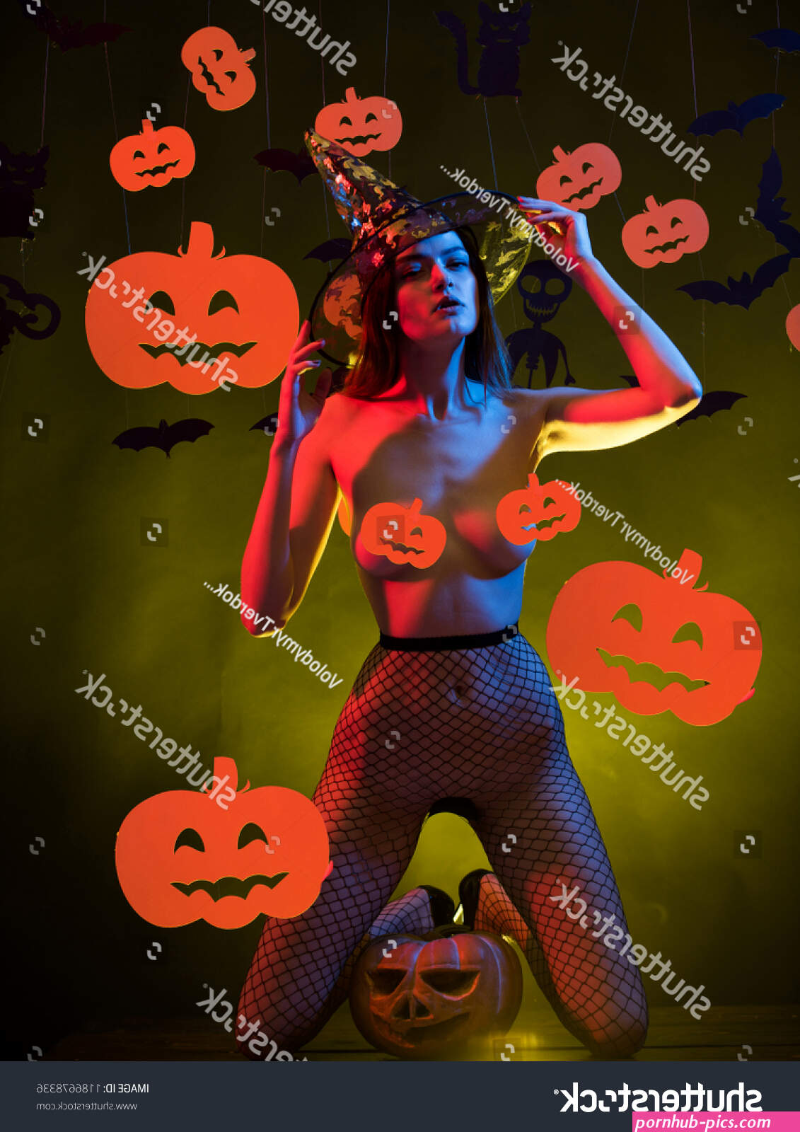 Halloween Nude Witch Black Hat Sexy Stock Photo 1186678336