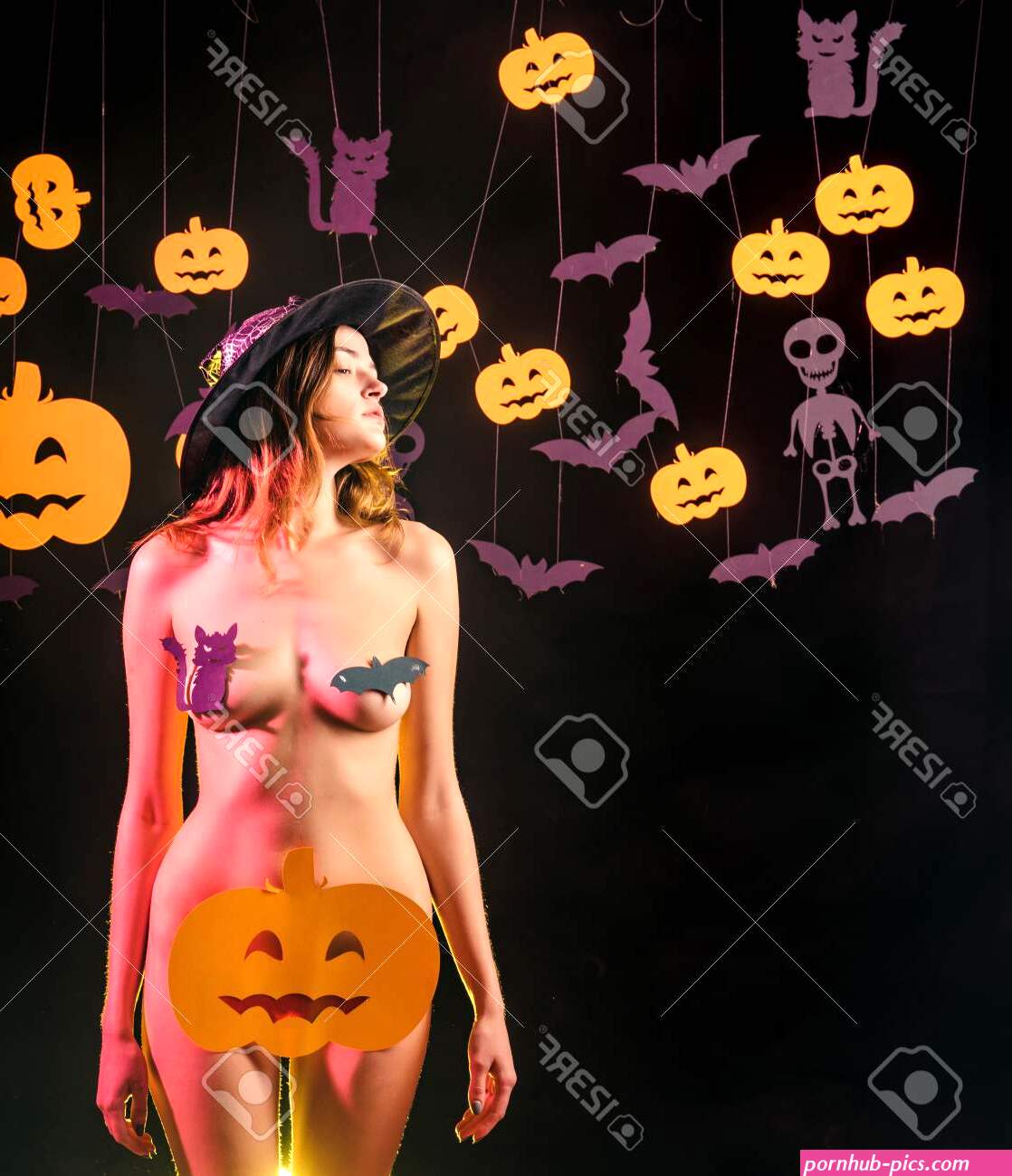 The Most Popular Candy For Halloween. Nude Woman Witch With Halloween Hat And Pumpkin. Womens Clothing Store Celebrates Halloween. Stock Photo Picture and Royalty Free Image. Image 109831016.