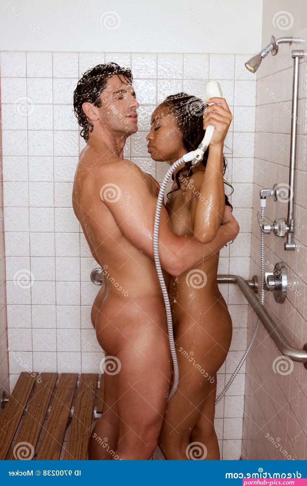 Naked Sensual Couple Man and Woman in Shower Stock Photo