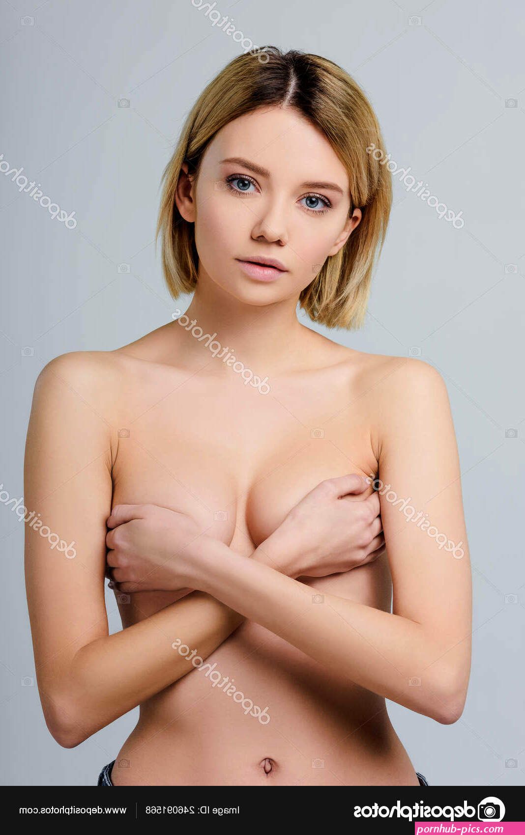 Attractive Naked Young Woman Covering Breast Isolated Grey Stock Photo by AllaSerebrina 246091568