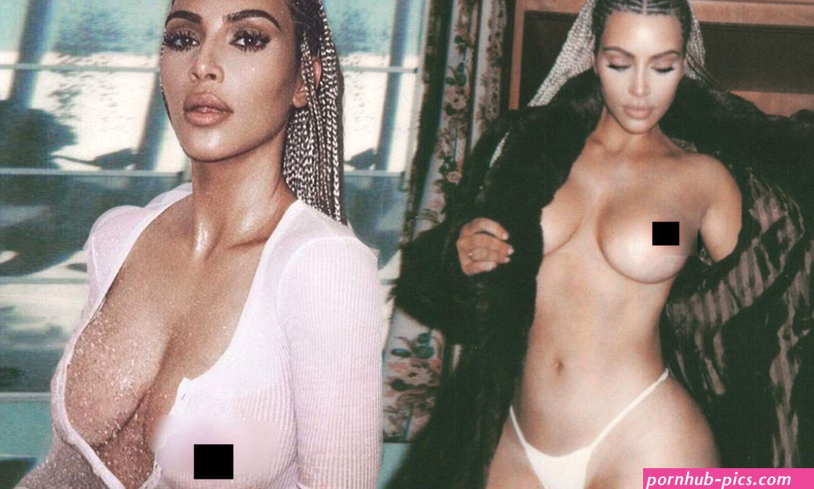 Topless Kim Kardashian holds open coat to expose breasts