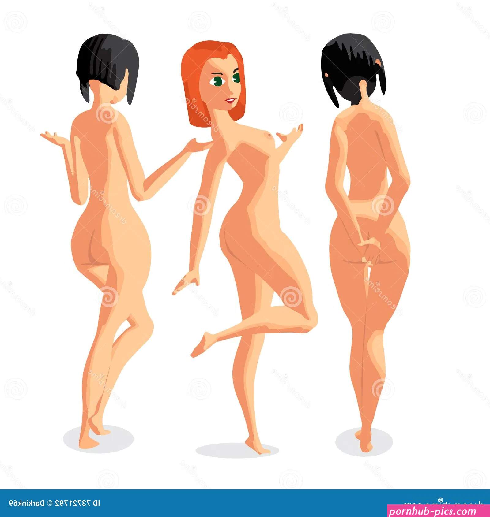 Set Three Women Nudist is Standing Sunbath. Back View Stock Vector