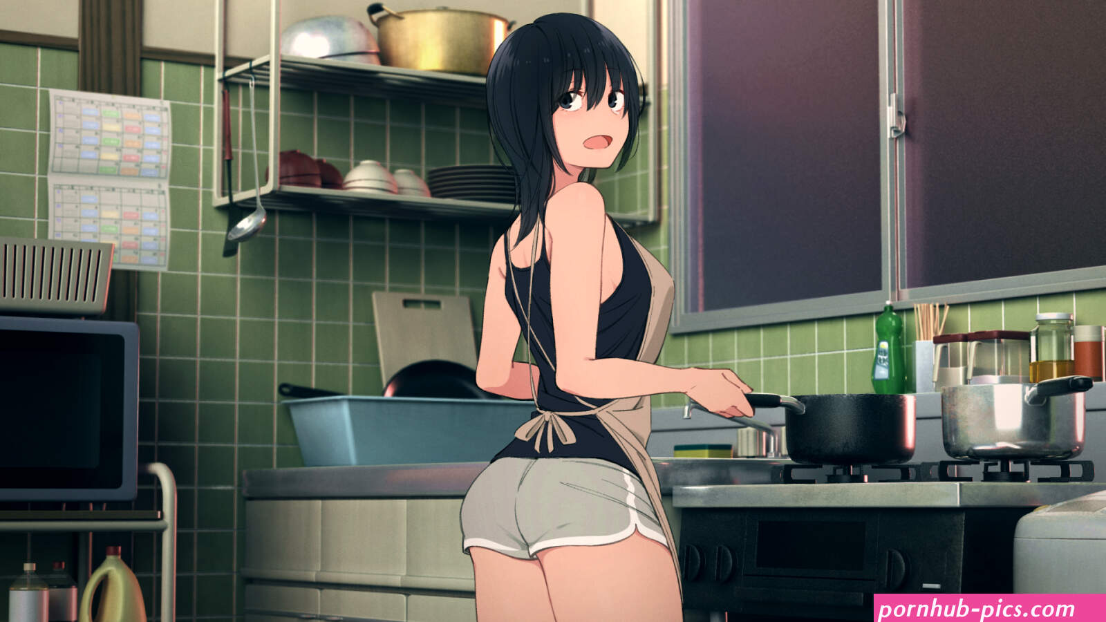 kemuri haku original toaru daikazoku no okazu jijou: mamagawari onee-chan funtouki highres 1girl apron ass black eyes black hair black tank top bottle breasts calendar cooking cowboy shot female focus from behind