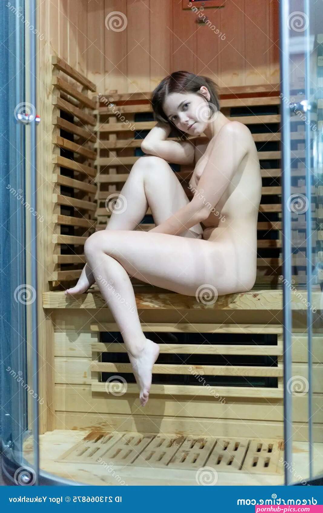 Young Beautiful Woman Pose Nude in Wooden Sauna Stock Image