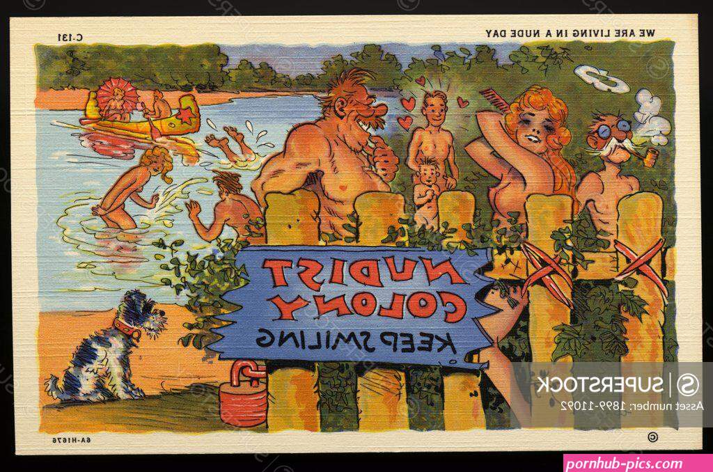 Cartoon of a Nudist Camp. ca. 1936 WE ARE LIVING IN A NUDE DAY.
