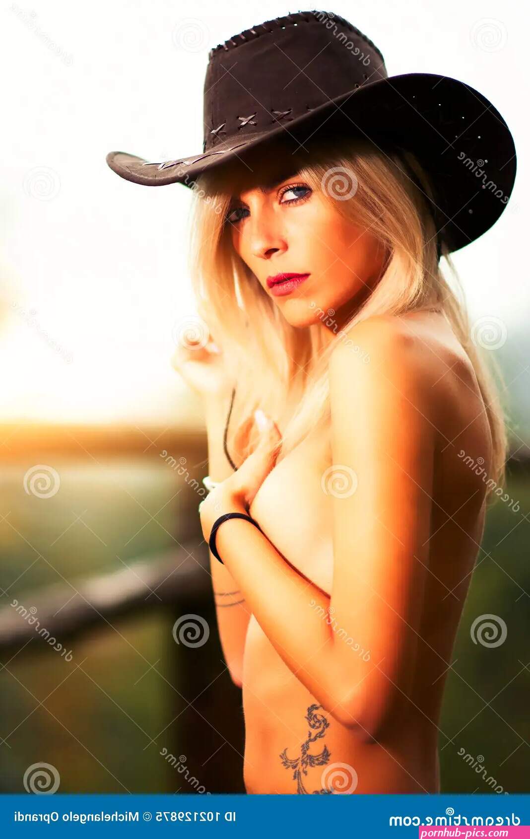 Naked Country Girl Wearing Cowboy Hat and Covering Her Brea Stock Image