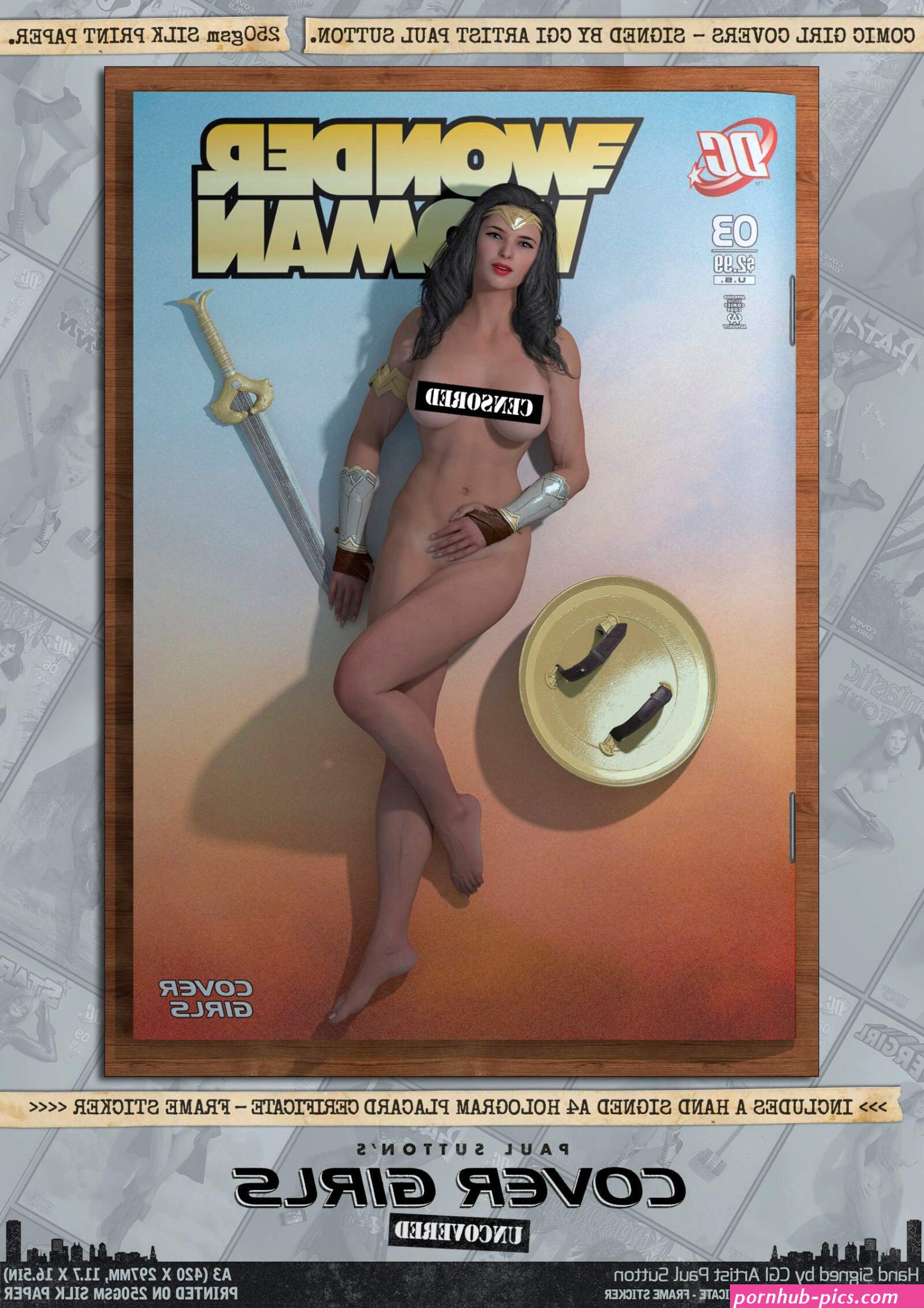 Wonder Woman Gal Gadot NUDE Pin-up Cover Girls Uncovered Sexy DC Superhero Comic Cover Print Signed by CGI Artist Paul Sutton
