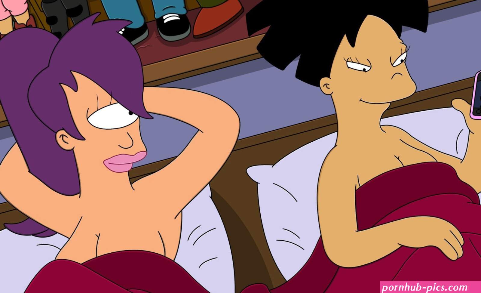 Turanga Leela cleavage lesbians arms up big boobs purple hair in bed two women women indoors science fiction women Amy Wong Futurama fan art Cartoon Women boobs smartphone indoors bed science fiction