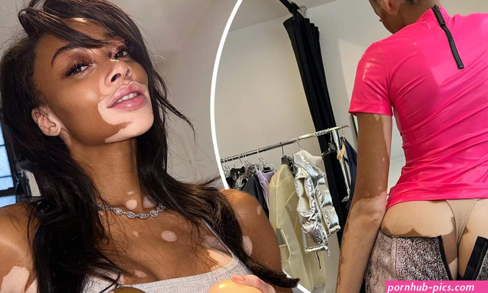 Winnie Harlow shows off her cheeky side as she poses with plastic breasts