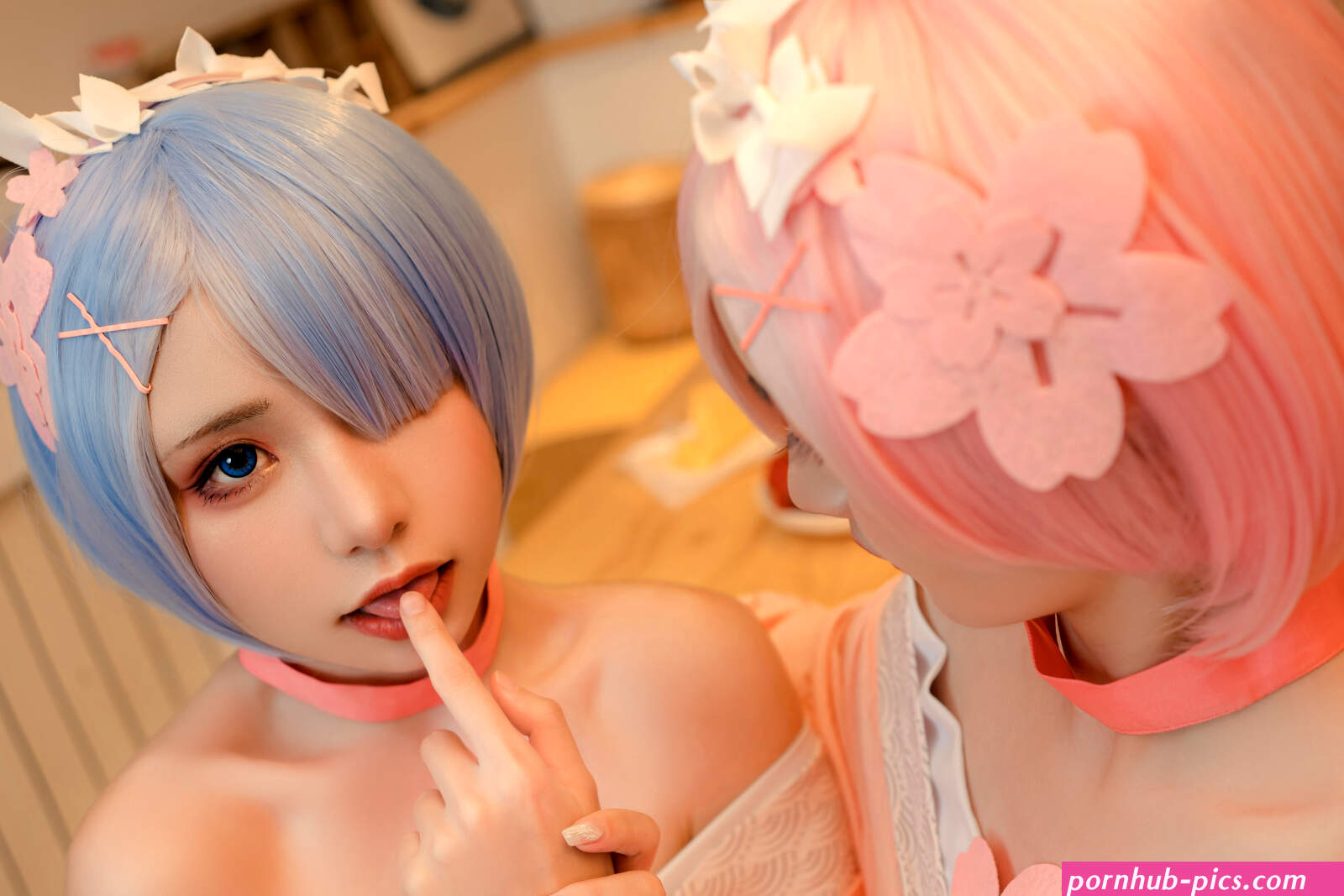 two women pink hair blue hair Neko Koyoshi asian cosplayer short hair Asia