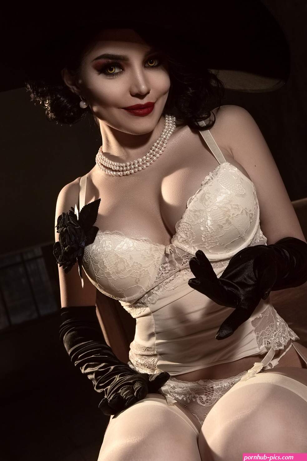 Kalinka Fox women model cosplay Lady Dimitrescu women with hats cleavage