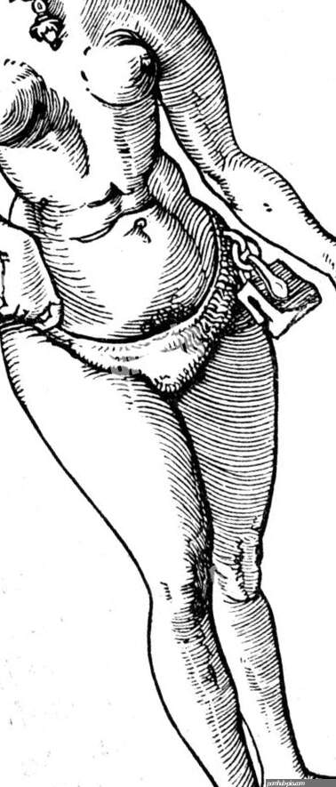 people eroticism chastity belt anonymous engraving 16th century woman sex half naked nude historic historical women female Stock Photo