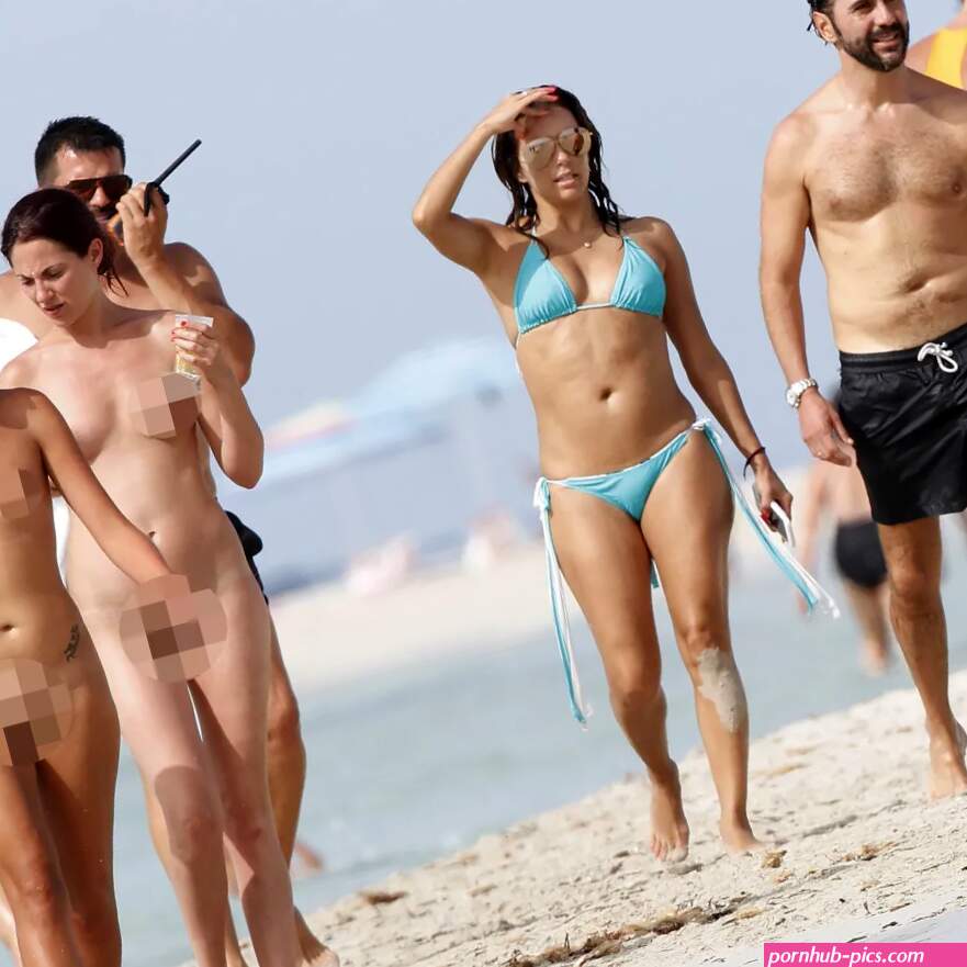 The hilarious moment Eva Longoria fails to realise she is the only one wearing a bikini on a very naked beach