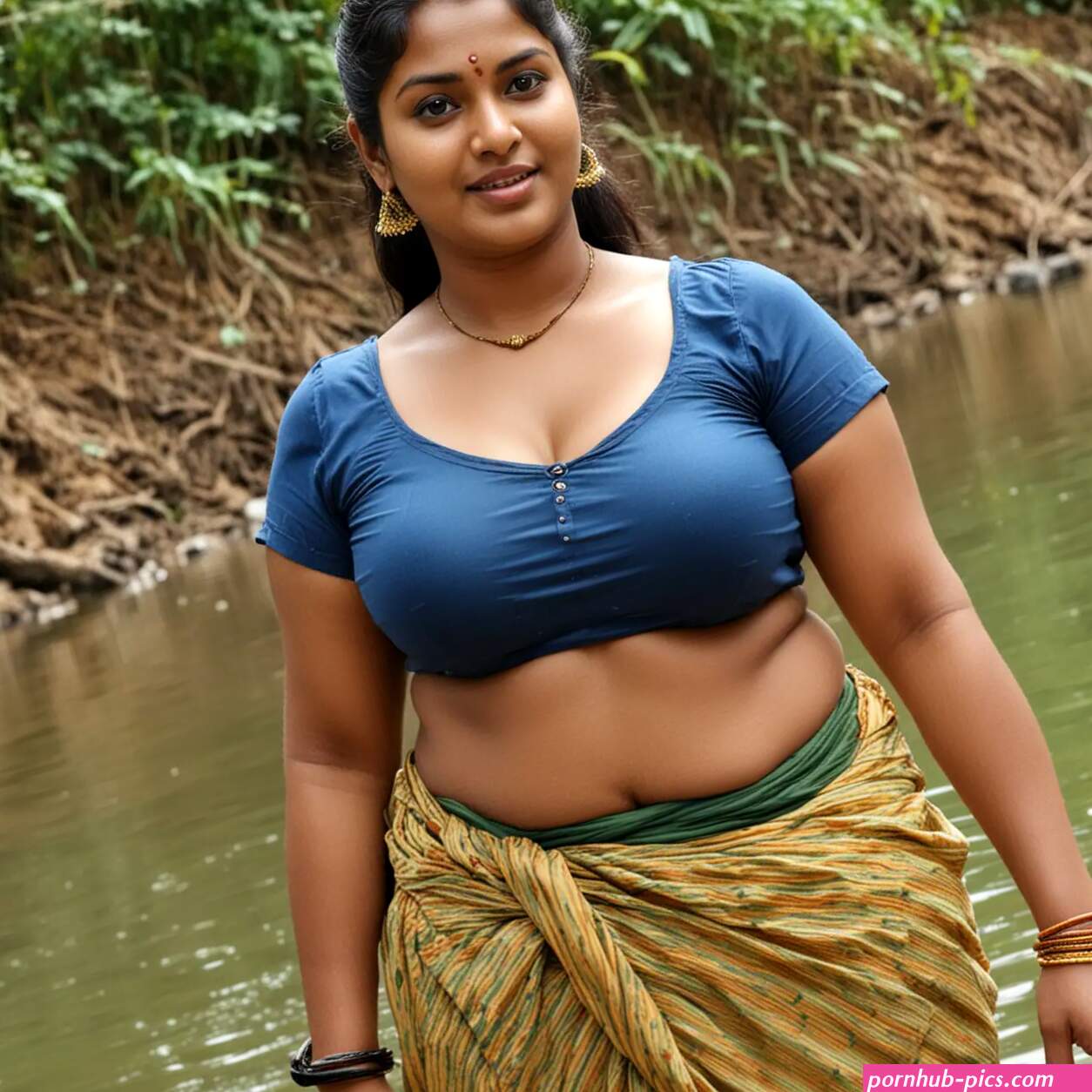Scenic Village River with Beautiful Curvy Tamil Aunty Featuring Deep Navel