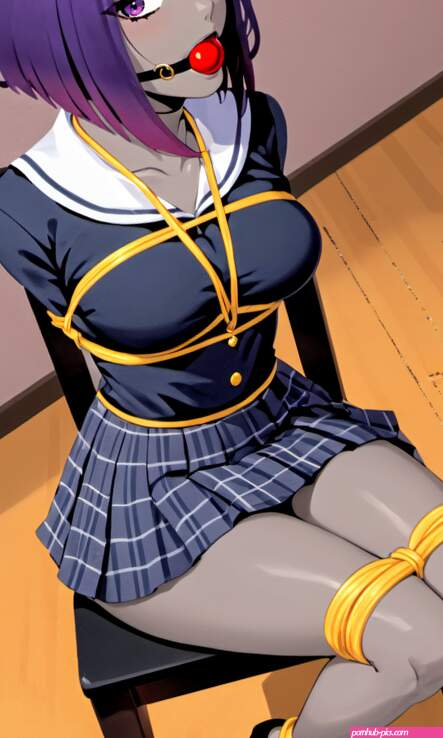Schoolgirl Raven blind and ball gagged on a chair