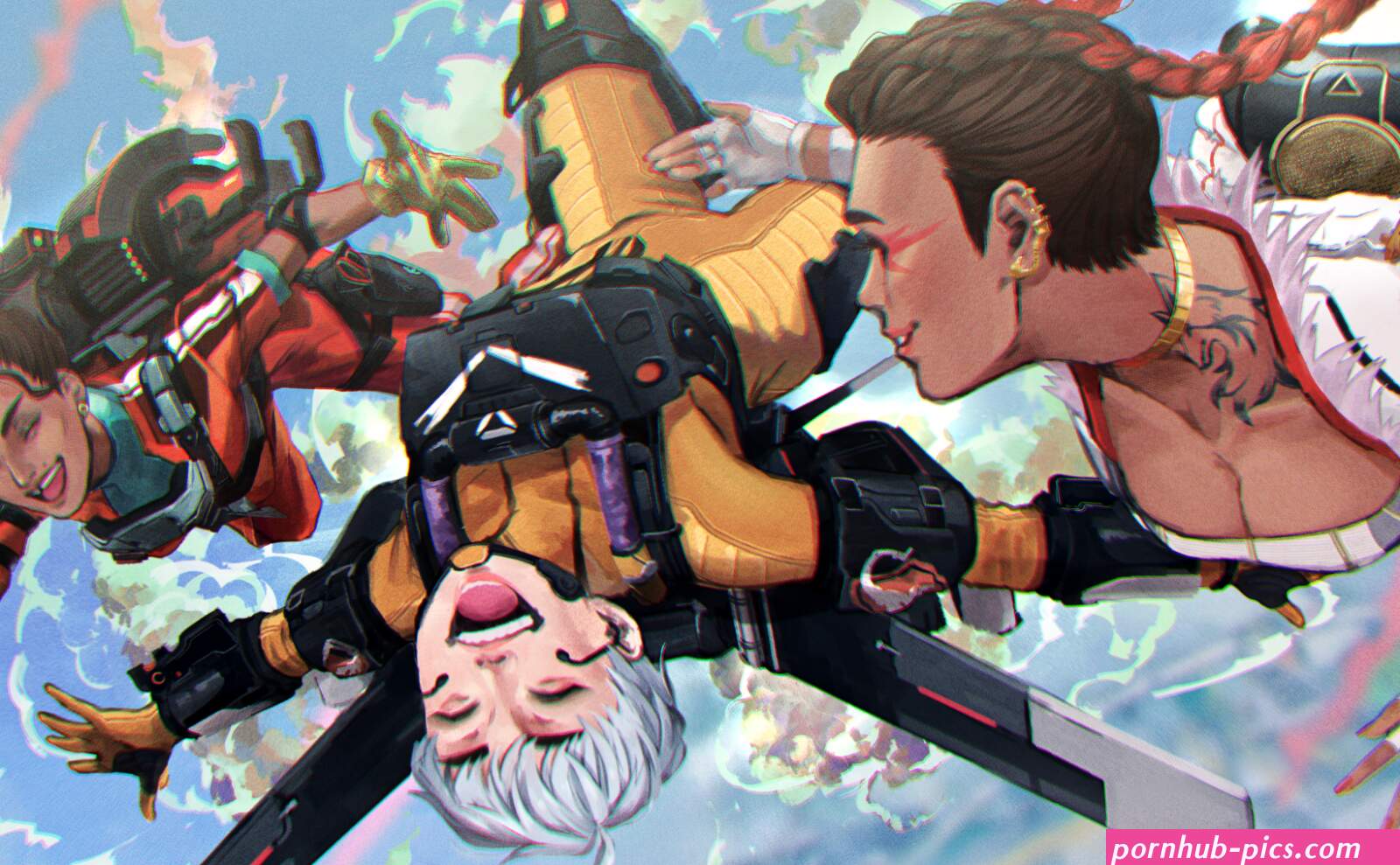 bossan 3310 loba apex legends rampart apex legends valkyrie apex legends apex legends highres 3girls :d ass black gloves bodysuit braid breasts brown hair cleavage clenched hand closed eyes completion