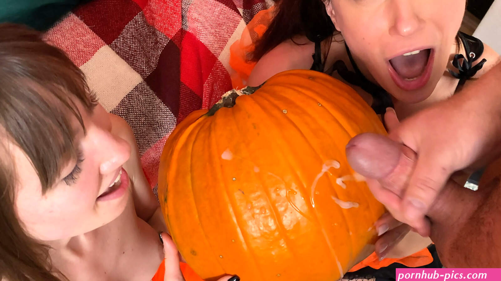 Halloween 3Some and cum on pumpkin