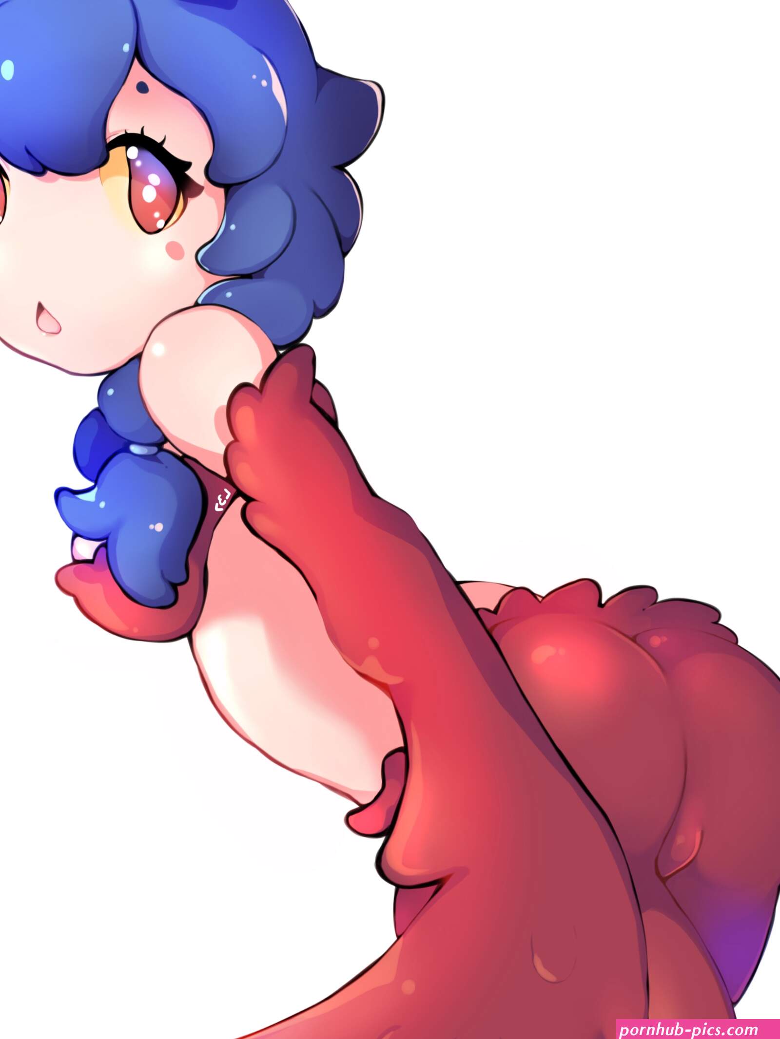 kalia3see harpy terraria terraria absurdres highres 1girl ass bare shoulders blue hair blush stickers colored sclera cowboy shot feathers female focus harpy looking back midriff monster girl open mouth ponytail red eyes