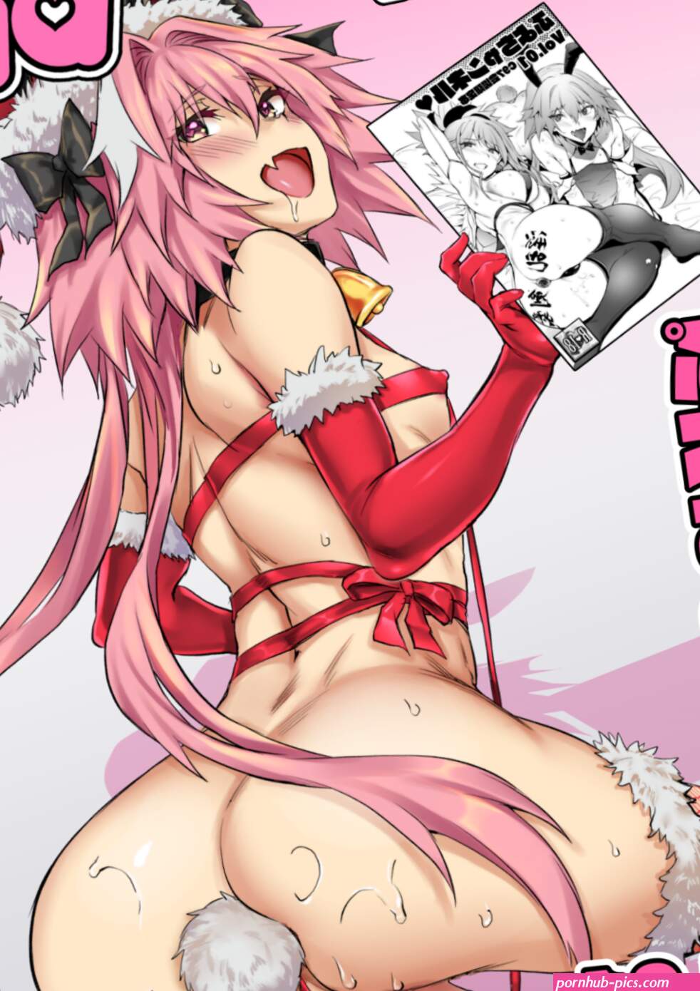 puyocha astolfo fate fateapocrypha fate series fishnet legwear highres 1boy anal anal ball wear anal object insertion anal tail animal ears ass black bow black ribbon blush bow braid butt crack butt