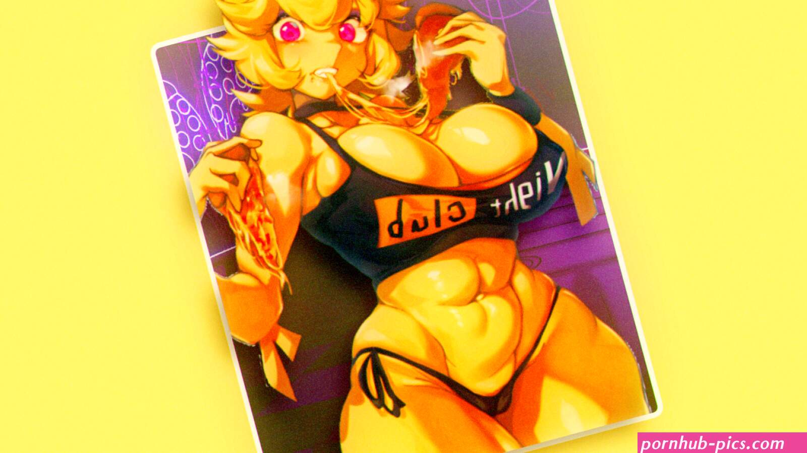 Chica FNAF big boobs looking at viewer anime anime girls minimalism picture-in-picture simple background Five Nights at Freddys yellow background eating choker pizza