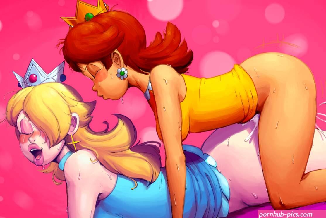 outta sync princess daisy rosalina mario series nintendo super mario bros. 1 super mario galaxy super mario land 1futa 1girl ass bed sheet blonde hair blush bottomless breast press breasts brown hair