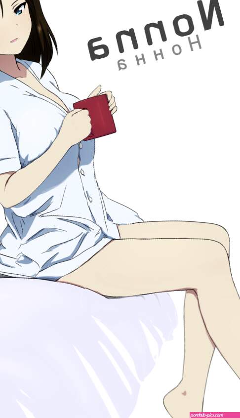 bukkuri nonna girls und panzer girls und panzer 1girl barefoot black hair blouse blue eyes blush breasts character name collarbone cup cyrillic dated half-closed eyes large breasts looking at viewer mug no