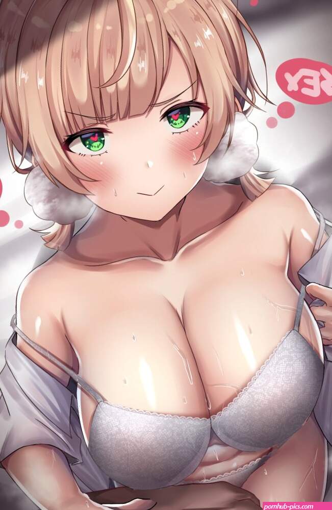 shiki catbox230123 shigure ui vtuber indie virtual youtuber arm grab light brown hair highres 1girl ahoge aroused assertive female bed blush bra breasts cleavage double strap slip green eyes hair ornament heart