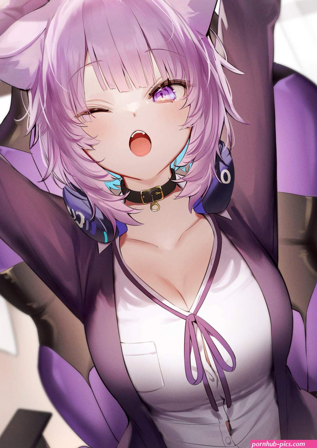 kuma daigorou hololive hololive gamers nekomata okayu animal ears cleavage headphones nekomimi
